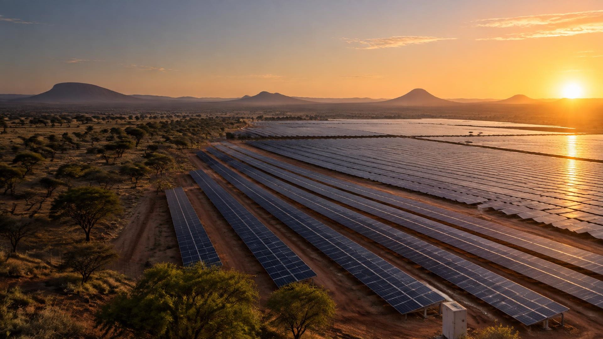 Long rows of solar panels stretching across Southern African bushveld at golden hour